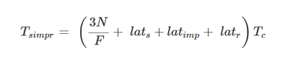 Equation: T subscript simpr equals open bracket (3N divided by F) plus lat subscript s plus lat subscript imp plus lat subscript r close bracket, multiplied by T subscript c.