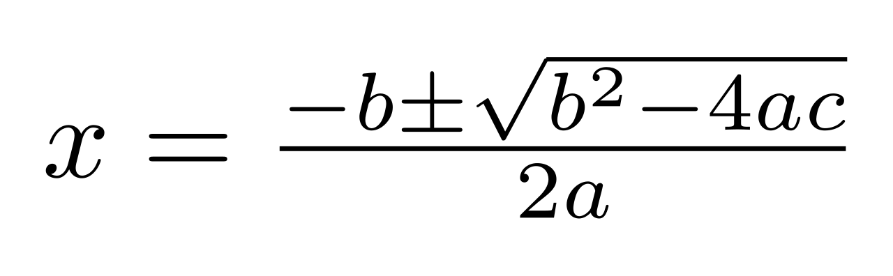 This image depicts the quadratic equation: x equals negative b plus or minus the square root of b squared minus four a c, all divided by two a.