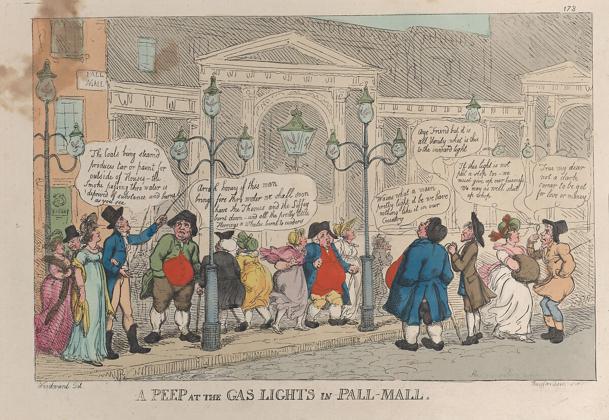 Individuals in period dress with exaggerated expressions point, stare, and converse beneath public gas street lamps. Speech bubbles contain speech about smoke, glare, and expense.