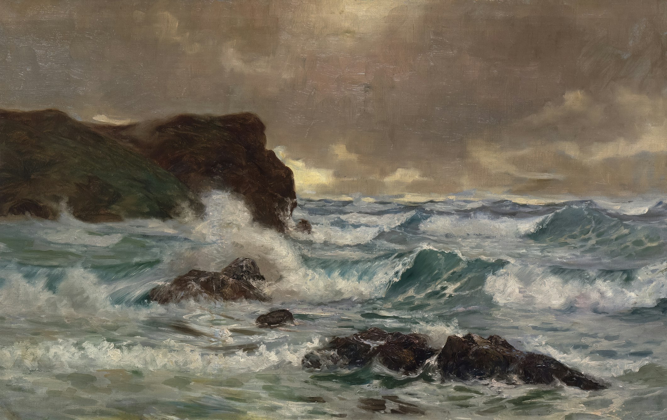 A painting showing a stormy ocean with waves crashing against dark, uneven rocks near a rugged coastline. The sky is filled with thick gray clouds, and the water is choppy with white foam.