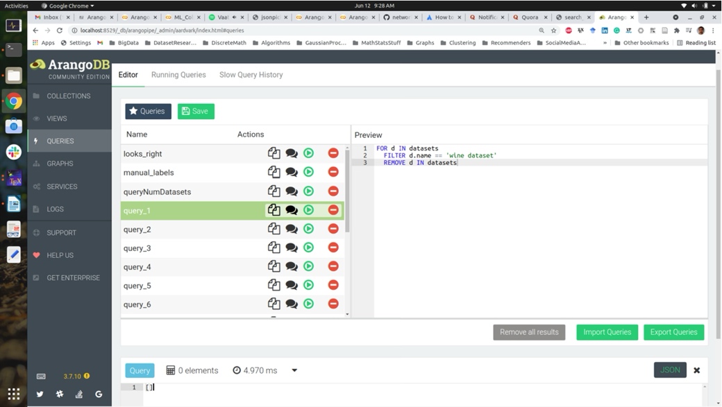 Arango D B web interface in Chrome shows the Queries workspace. A left sidebar lists Collections, Views, Queries, Graphs, Services, Logs, Support, and Help. The center lists saved queries with copy, comment, run, and delete controls. The editor at right contains a three-line query filtering the wine dataset, with Save, Import Queries, Export Queries, and results controls below.