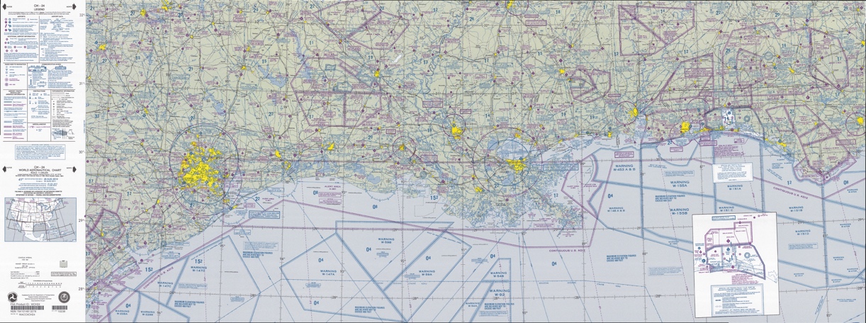 Aeronautical map covers the U S Gulf Coast from eastern Texas through Louisiana, Mississippi, Alabama, and western Florida, including Houston and New Orleans. It marks airports, navigation aids, airways, communication information, terrain elevations, obstacles, and controlled and special-use airspace boundaries. Offshore Gulf of Mexico areas contain numerous warning areas and contiguous U S air defence identification zones.