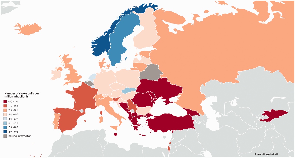 Color‑coded map of Europe showing the number of stroke units per million inhabitants.  Countries in dark red have the fewest stroke care units, and countries in dark blue have the most, with gray indicating missing data. Eastern and southeastern Europe appear mostly in lower‑value red shades, while Scandinavian countries appear in higher‑value blue shades.