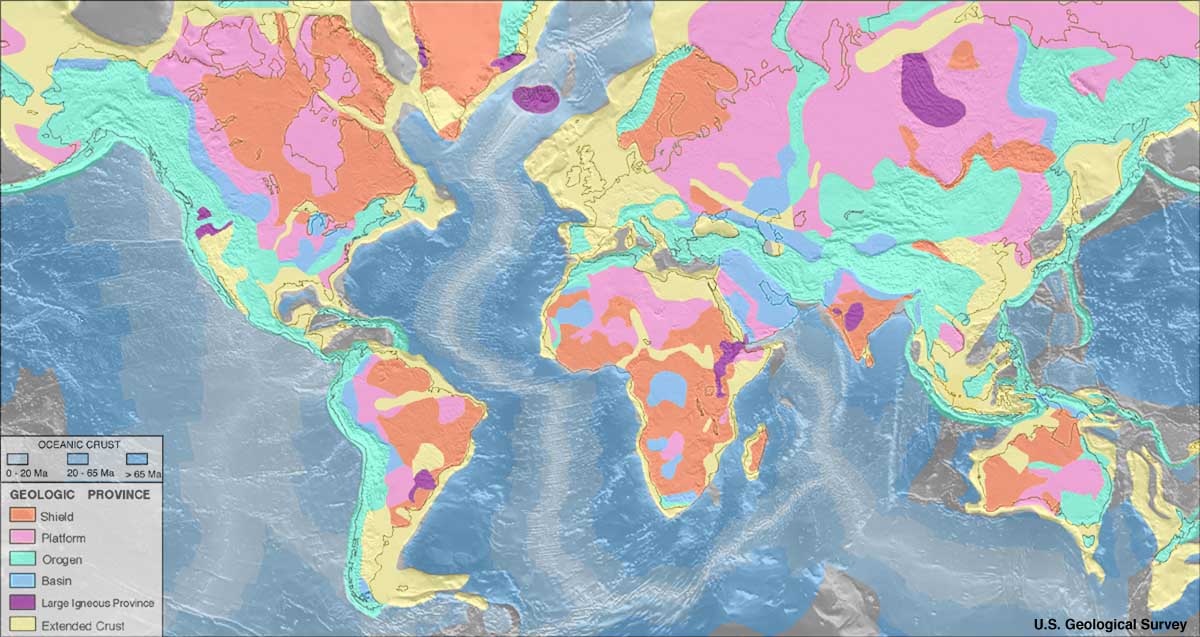 Geological map of the world classifies continental regions by geologic province and oceanic crust by age. Geologic provinces include shield, platform, orogen, basin, large igneous province, and extended crust, distributed across the continents. Oceanic crust is grouped into 0 to 20, 20 to 65, and greater than 65 million years, with older crust generally farther from mid-ocean ridges.