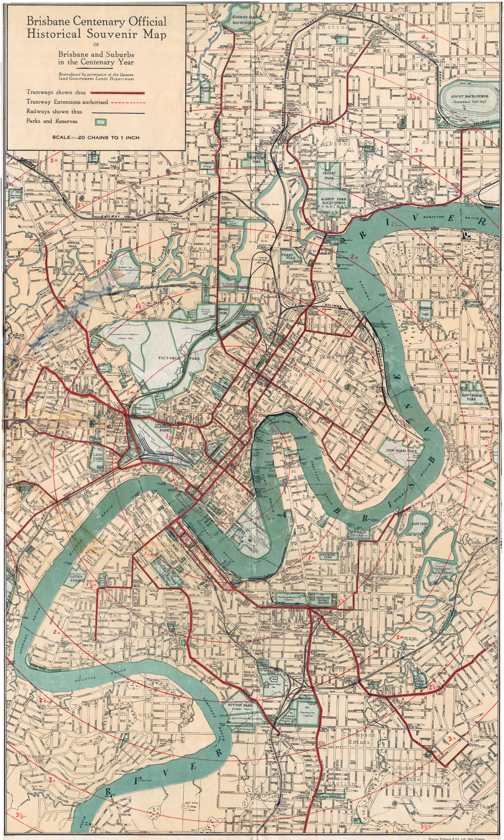 A detailed historical map titled Brisbane Centenary Official Historical Souvenir Map, showing Brisbane and its suburbsin 1923. The Brisbane River curves through the center, with tramways marked in red, railways in black, and parks shaded in green. The map includes labeled districts and transportation routes.