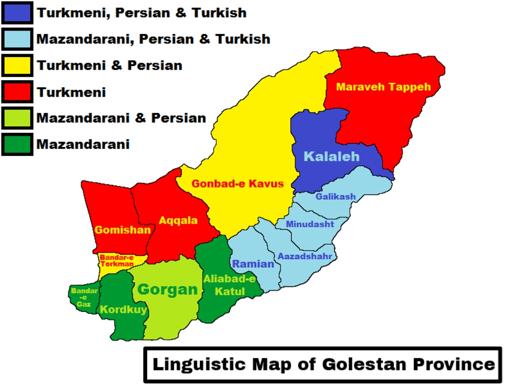 Linguistic map of Golestan Province shows Turkmeni across the north and west, including Maraveh Tappeh, Aqqala, and Gomishan. Gonbad-e Kavus and Bandar-e Torkman combine Turkmeni and Persian, while Kalaleh also includes Turkish. Eastern districts combine Mazandarani, Persian, and Turkish. Gorgan uses Mazandarani and Persian, and southern districts mainly Mazandarani.