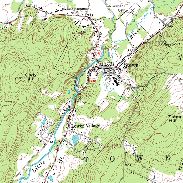Topographical map shows Stowe in a valley between Cady Hill and Taber Hill. Dense contour lines indicate steep slopes on both hills. The Little River follows the valley past roads, bridges, and settlements, including Lower Village.