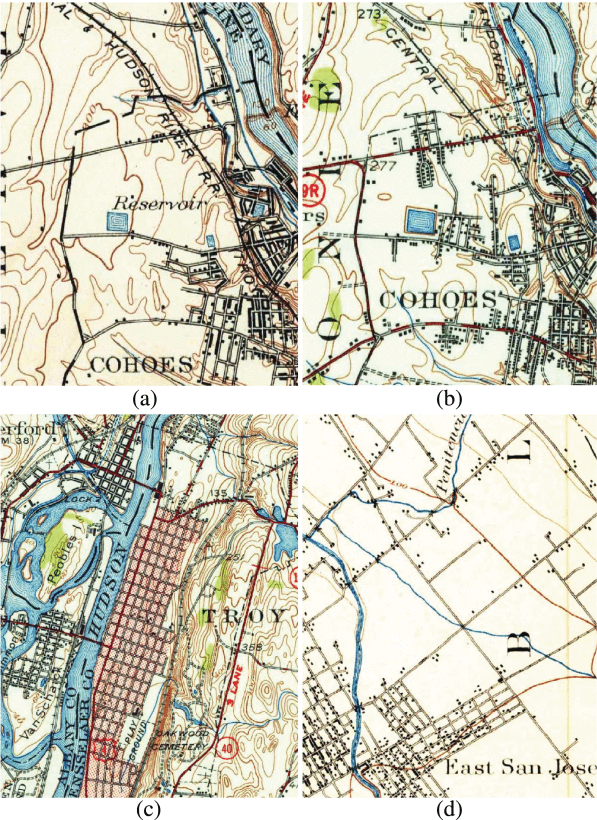 Four urban map panels compare settlement patterns. Panels a and b show Cohoes, with roads, reservoirs, contour lines, and development beside a major river corridor. Panel c shows Troy’s dense street grid along the Hudson River, with bridges and rail routes. Panel d shows East San Jose with a looser road network, larger land parcels, and scattered development.