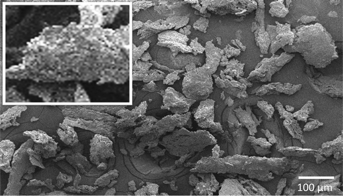 An S E M image shows clustered irregular particles and flake-like fragments with rough-textured surfaces, varied sizes, and dense aggregation. An inset provides a magnified view of a granular particle cluster. A 100 micrometer scale bar appears at the lower right.