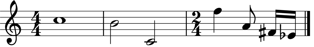 Musical notation contains three measures in treble clef. The first measure is in 4/4 time and contains one whole note. The second remains in 4/4 and contains two half notes. The third changes to 2/4 and contains a sequence of notes with sharp and flat accidentals, ending with a double bar line.