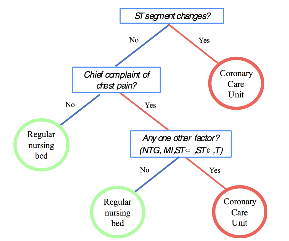 Decision tree begins with S T segment changes. Yes leads to Coronary Care Unit; no leads to chief complaint of chest pain. No chest pain leads to a regular nursing bed; yes leads to another-factor check: N T G, M I, S T bidirectional change, S T up-down change, or T. No leads to a regular nursing bed, while yes leads to Coronary Care Unit.