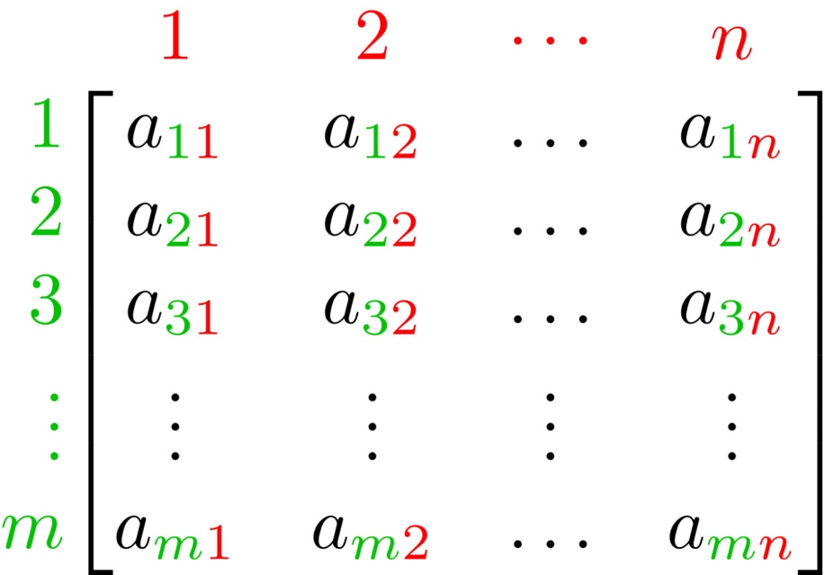 A generic m×n matrix labeled A. The m rows are shown along the left in green, and the n columns are shown across the top in red. Each entry is labeled with its row and column position, such as a11, and ellipses show that the rows and columns continue.