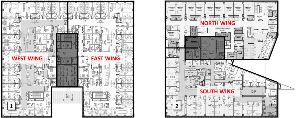 Two hospital floor plans compare ward layouts. Plan 1 has west and east wings arranged around a central core of elevators, stairs, and service rooms, with patient rooms along the perimeter. Plan 2 has north and south wings around a central core, with inpatient rooms, nurses’ stations, doctors’ offices, staff areas, seminar space, and a lobby with waiting area.
