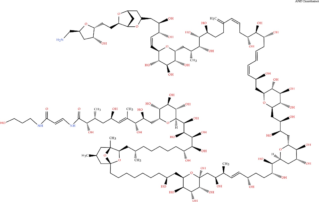 Chemical structure of palytoxin shows a very long branched carbon chain with multiple connected ring systems. Numerous hydroxyl groups, oxygen atoms, double bonds, and amide linkages appear throughout the molecule. Solid and dashed wedge bonds indicate stereochemistry at many positions. The structure forms an extended irregular arrangement with repeating oxygen containing functional groups.