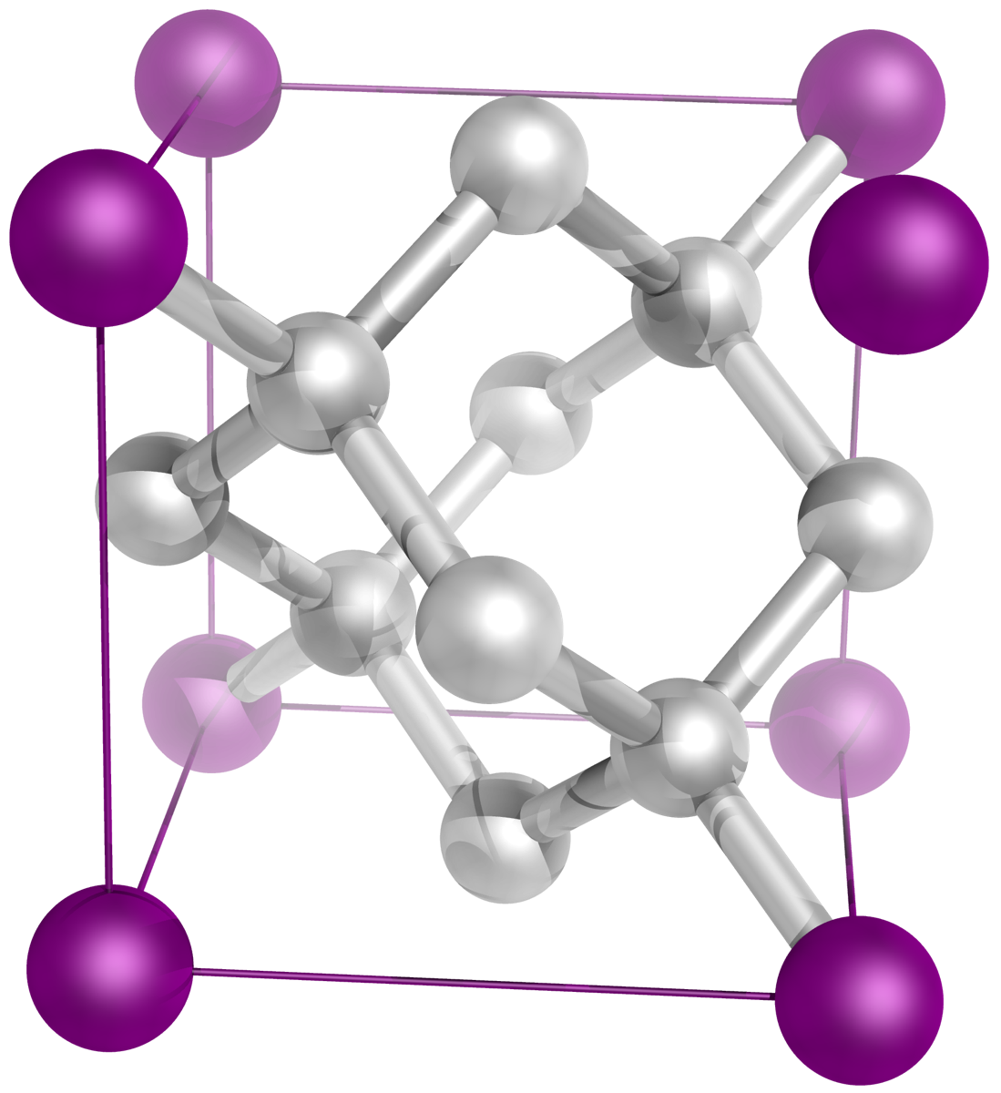 Crystal structure diagram of a diamond shows atoms connected in a three-dimensional tetrahedral lattice. Spherical atoms are linked by rod shaped bonds forming repeating geometric patterns within a cubic framework. Larger corner atoms outline the crystal unit cell, while internal atoms connect through evenly spaced covalent bonds that create a rigid symmetrical network.