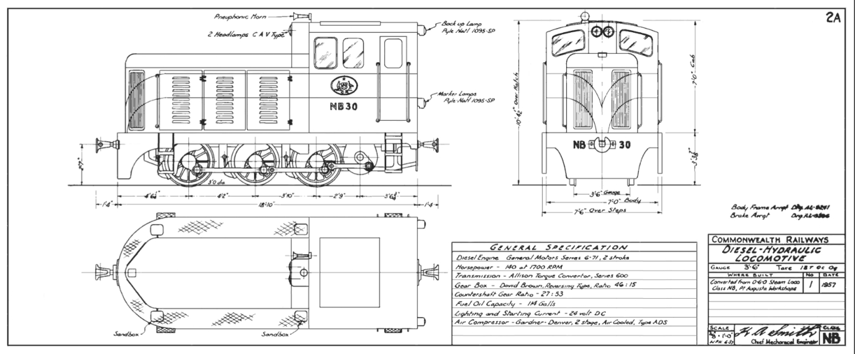 Technical drawing showing Commonwealth Railways diesel‑hydraulic locomotive NB30.  The sheet includes side, front, and top views showing components such as headlamps, marker lamps, a pneumatic horn, and sandboxes. A specification box lists technical details including the GM 6‑71 diesel engine, 114 gallon fuel oil capacity, and David Brown Reversing Type gearbox.