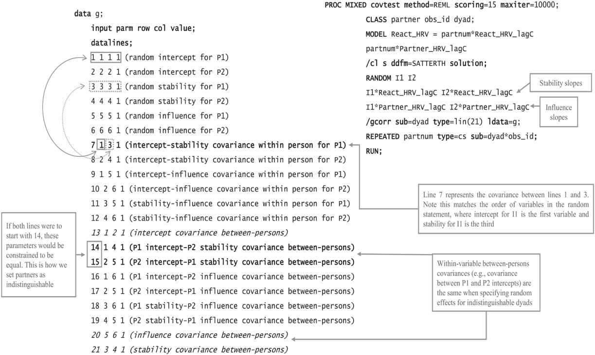 Annotated S A S code diagram shows Model 1 for stability and influence analysis in distinguishable dyads using a G matrix. Highlighted code sections define random intercepts, stability slopes, influence slopes, and covariance relationships between partners. Arrows and notes explain parameter grouping and covariance structure within and between persons.